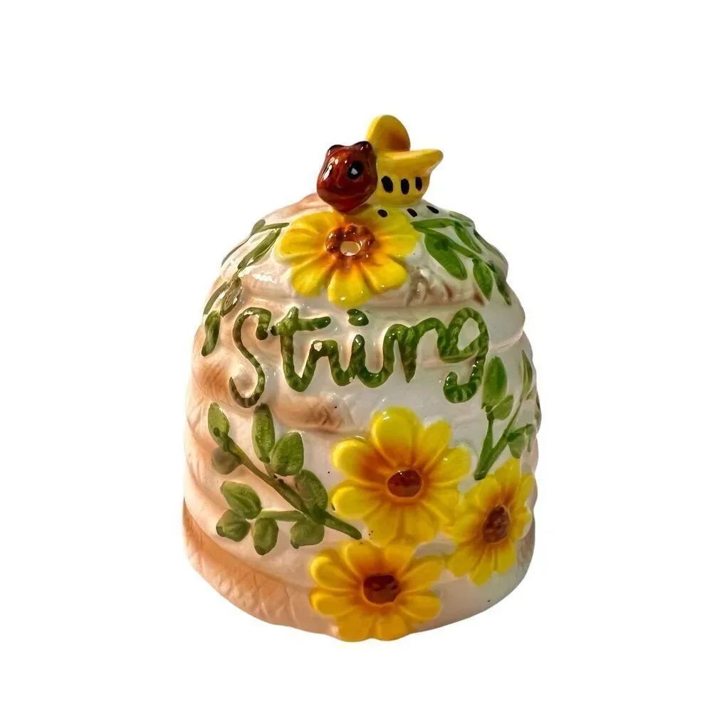 Vintage Vibrant BEE HIVE and Floral String Holder Old Japan